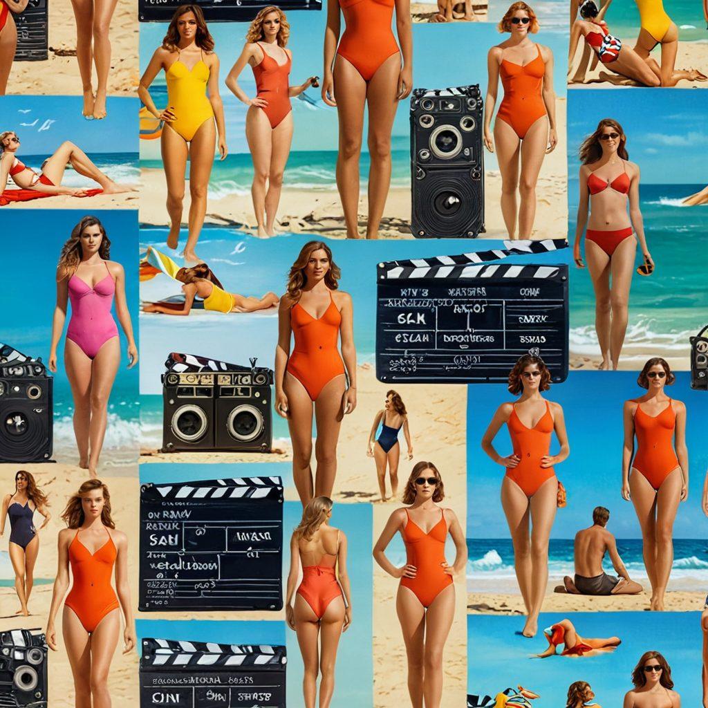 A captivating collage of iconic swimwear styles from different eras, set against a backdrop of sandy beaches and cinematic elements like film reels and clapperboards. Showcase contrasting swimwear designs that reflect the evolution of adult cinema, with vibrant beach colors and shadows of iconic scenes in the background. Include silhouettes of film characters lounging and interacting near the shoreline, symbolizing the narrative connection between swimwear and cinema. vibrant colors. cinematic style. playful and alluring.